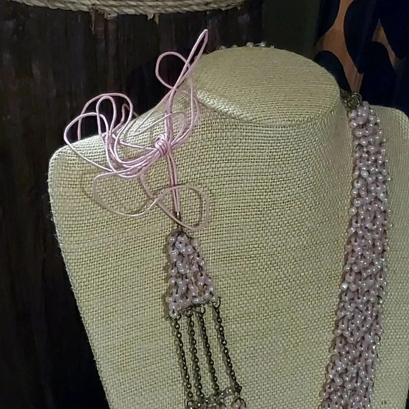 Edgy Little Pink Glazed Porcelain Beads Antique Brass Multistrand Necklace - Picture 8 of 8